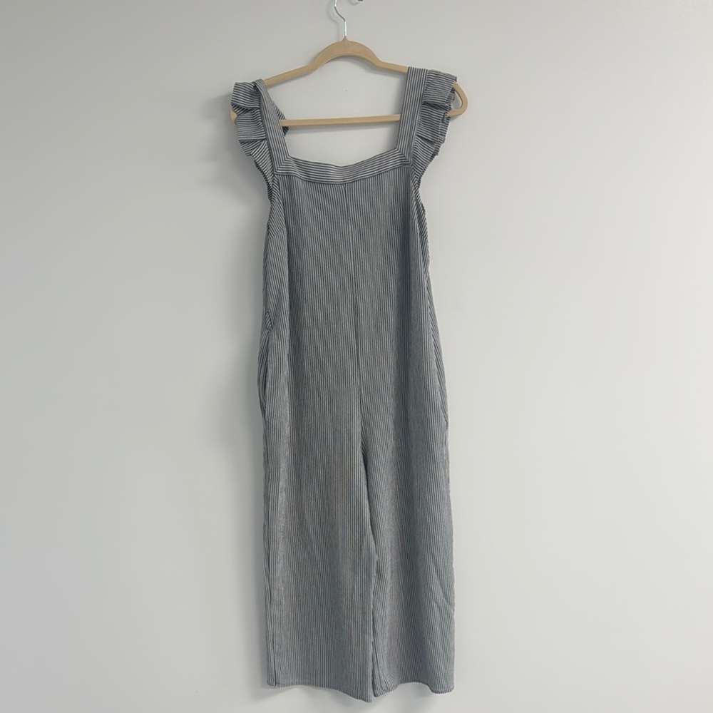 Gray Striped Jumpsuit with Ruffle Straps